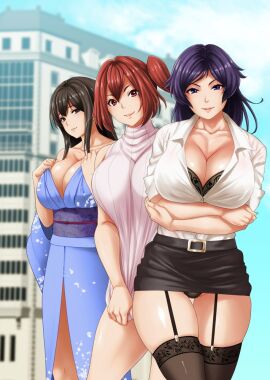 3girls belt black_bra black_panties black_skirt blue_kimono bra bra_cups_sticking_out bra_peek breasts brown_eyes brown_hair building button_down_shirt female garter_straps kimono large_breasts long_hair looking_at_viewer milf miniskirt office_lady original panties pencil_skirt pink_sweater ponytail purple_eyes purple_hair red_eyes red_hair rokko sash shirt shirt_tucked_in shirt_tucked_in_skirt side_ponytail skirt sweater sweater_tug thighhighs turtleneck turtleneck_sweater white_shirt