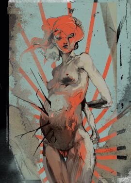 arms_behind_back black_lips blood_in_hair blood_on_face breasts check_copyright child0ut clenched_hand closed_mouth collarbone commentary_request completely_nude copyright_request cowboy_shot dark_areolae female floating_hair highres holding_own_arm impaled injury knife large_areolae looking_at_viewer nude one_eye_closed original pregnant pussy sagging_breasts simple_background solo thorns white_background white_hair