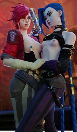 2girls 3d arcane arcane_jinx arcane_vi blue_hair breasts female female_only groping_breasts incest jinx_(league_of_legends) league_of_legends momma-sleeptalker open_jacket pink_hair red_hair riot_games shirt_lift siblings sisters vi yuri