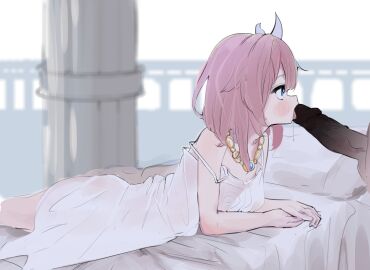 1boy artist_name blue_eyes commentary_request cyrene_(honkai:_star_rail) demiurge_(honkai:_star_rail) dress fellatio female flat_chest from_side hair_ornament highres honkai:_star_rail honkai_(series) indoors jewelry licking licking_penis male necklace on_bed oral penis pink_hair rs_(airglow) short_hair stone_pillar straight white_dress