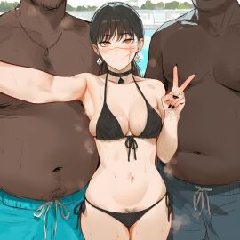 1girls 2boys 2boys1girl ai_generated bikini bikini_bottom bikini_top black_hair chainsaw_man cheating dark-skinned_male demon demon_girl devil devil_girl female heroine interracial light-skinned_female mitaka_asa netorare ntr qos qos_clothing queen_of_spades queen_of_spades_symbol ringed_eyes scar scar_on_face spiral_eyes yoru_(chainsaw_man)