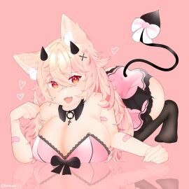 ass breasts breasts_bigger_than_head demon devil_horns female fox_girl looking_at_viewer lying_on_stomach massive_breasts open_mouth remiune succubus succubus_tail teasing thick_thighs wings