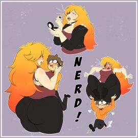 1boy 1girls ass big_ass big_butt blush carrying cleavage couple danscarf female freckles jeans kiss_marks kissing lipstick male nerd nerd_(nerd_and_jock) nerd_and_jock_(webcomic) not_porn orange_hair thick_ass thick_thighs tiger_(nerd_and_jock) yellow_lipstick