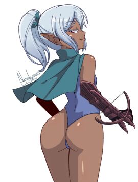 armored_gloves artist_name ass ass_focus back bow_(weapon) breasts cape crossbow curvy dark-skinned_female dark_elf dark_skin dated elf female grey_hair huge_ass leaf leotard long_hair looking_at_viewer looking_back nanaeljustice original pointy_ears ponytail red_eyes small_breasts smile weapon white_background