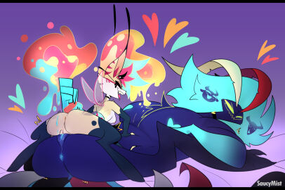 1boy 1girls 2020s 2024 anthro anus areola asmodeus_(helluva_boss) ass avian bird black_collar blue_anus blue_body blue_feathers blue_nipples bodily_fluids canid canid_demon canine collar cuntboy cuntboy/female demon digital_drawing_(artwork) digital_media_(artwork) digitigrade duo feathers female fox fur galliform gallus_(genus) genital_fluids heart_areola heart_symbol hellhound helluva_boss hi_res intersex intersex/female larger_cuntboy larger_intersex male mammal multicolored_body multicolored_fur mythological_canine mythological_creature mythology nipples open_mouth phasianid purple_background pussy queen_bee-lzebub_(helluva_boss) saucymist sex simple_background size_difference smaller_female tail tail_grab tongue tongue_out tribadism vaginal_fluids vaginal_sex white_body white_fur wings yellow_body yellow_fur