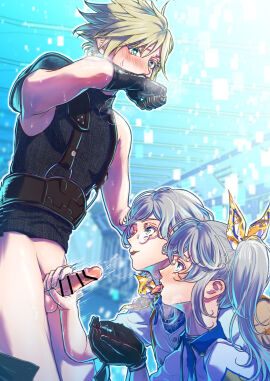 1girls 2boys absurdres age_difference armor bar_censor bisexual bisexual_male black_gloves blonde_hair blush bow censored chadley_(ff7) cloud_strife covering_own_mouth female final_fantasy final_fantasy_vii final_fantasy_vii_rebirth final_fantasy_vii_remake gloves grey_hair hairbow handjob highres mai_(ff7) male monocle multiple_boys multiple_males pants_around_ankles penis shoulder_armor single_shoulder_pad sleeveless sleeveless_turtleneck suspenders turtleneck zukake