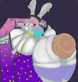 anal anal_sex anthro arcade_cabinet background balls breasts bulging_breasts busty_male coltetbe female furry hat huge_cock hyper_breasts large_penis male male_with_breasts original_character pants_pulled_down pastel peanut_butter_(theycallhimcake) penis rabbit rabbit_ears rabbit_tail sex small_balls suprised tail taint tight_clothing veiny_penis