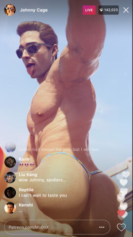 1boy 1human 3d 3d_(artwork) 3d_model ass ass_focus big_ass big_butt brown_hair bubble_ass bubble_butt comment_section female gay instagram instagram_live instagram_username johnny_cage kano_(mortal_kombat) kenshi_takahashi kitana kneeling light-skinned_male light_skin liu_kang live_stream live_streaming looking_back_at_viewer male male_focus male_solo mo0nx mortal_kombat mortal_kombat_11 mortal_kombat_1_(2023) muscular netherrealm_studios reptile_(mortal_kombat) scantily_clad skimpy_underwear solo solo_focus solo_male sunglasses thong underwear