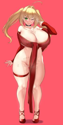 1girls areolae aster_crowley big_breasts big_thighs blonde_hair blush body_writing breasts busty cleavage cum cum_drip cum_in_pussy cum_on_face cum_on_hair cum_string curvy fate/grand_order fate_(series) female full_body green_eyes heart-shaped_pupils high_heels huge_breasts huge_thighs large_breasts large_thighs nero_claudius_(fate) nipple_piercing nipples one_eye_closed piercing pussy see-through see-through_clothing solo standing thick_thighs thighs twintails voluptuous