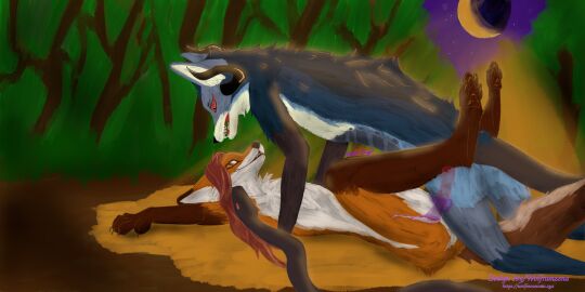 absurd_res andromorph animal_genitalia animal_penis animal_vulva anthro blue_body blue_fur canid canine canine_genitalia canine_vulva chimera duo equine_genitalia equine_penis evelyn_ivy forest forest_background fox from_front_position fur genitals hi_res horn intersex intersex/male light living_tail male mammal mating_press moonlight nature nature_background night orange_body orange_fur pawpads penis plant reptile scalie sex snake snake_tail tail tree unusual_anatomy unusual_tail