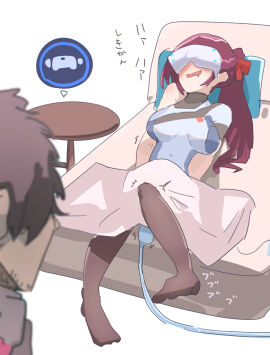 1boy 1girls beach_chair blanket caught caught_masturbating clothing commander_(girls'_frontline) drooling elmo_dormitory_outfit female female_masturbation gameplay_mechanics girls'_frontline girls'_frontline_2:_exilium hair_ribbon implied_masturbation long_hair m1m2rm makiatto_(girls'_frontline_2) male masturbation open_mouth pantyhose purple_hair reclining side_ponytail sitting table vibrator vr_headset wa2000_(girls'_frontline)