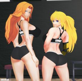 2girls arrancon ass ass_focus big_ass big_breasts bleach blonde_female blonde_hair blue_eyes breasts clothed_female crossover duo female female_only grimmed gym_clothes huge_breasts light-skinned_female long-haired_female long_hair looking_back matsumoto_rangiku orange-haired_female orange_hair ponytail pose posing purple_eyes rwby short_shorts yang_xiao_long
