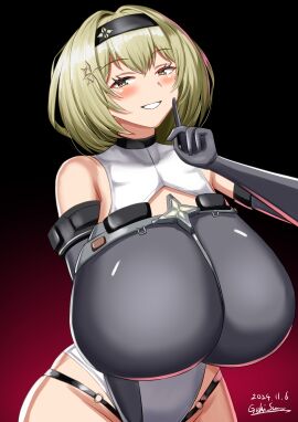 1girls 2024 absurd_res artist_name bare_shoulders blonde_hair blush bob_cut breasts cleavage eyebrows_visible_through_hair female female_only gekisum gloves goddess_of_victory:_nikke hair_intakes hair_ornament hairband huge_breasts leotard light-skinned_female light_skin looking_at_viewer orange_eyes red_shoes_(nikke) simple_background smile smiling_at_viewer