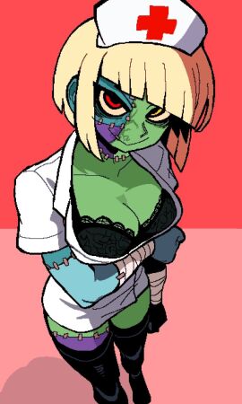 big_breasts breasts cleavage clothed female lace_bra monmaamn monster_girl multicolored_skin nurse nurse_cap nurse_uniform oc original original_character red_eye stiches tagme wide_hips yellow_eye zombie zombie_girl