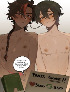 1female 1male aroused blush braid braided_hair brown_eyes brown_hair dark-skinned_male dark_hair face_scar flustered gay male mastectomy_scar miko_(texxmomo) momotexx_(artist) money nipple_piercing nipples nude_female original original_character original_characters paid_sex piercing red_highlights scars speech_bubble stomach_tattoo succubus_tattoo sweat sweatdrop sweating tagme text text_box text_bubble texxmomo thorin_(texxmomo) toned toned_body toned_male trans trans_man undressing yaoi