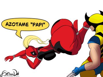 1boy 1girls ass deadpool_&_wolverine_(2024) fat_ass female huge_ass lady_deadpool ladypool laying_down male marvel marvel_comics mutant_(marvel) senzadel spanish_text tagme text wolverine_(x-men) x-men