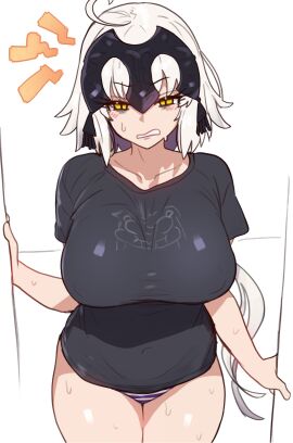 ahoge annoyed annoyed_expression belly_button belly_button_visible_through_clothing big_breasts big_thighs black_headgear black_headwear black_shirt black_t-shirt blue_striped_panties blue_stripes blush blush_lines blushing_at_viewer breasts collarbone ebora eye_bags eyebags fate/grand_order fate_(series) female front_view golden_eyes hands_on_door headpiece jeanne_alter jeanne_d'arc_(alter)_(fate) jeanne_d'arc_alter_(fate) just_woke_up large_breasts looking_at_viewer nipple_bulge no_bra no_pants panties plump plump_breasts plump_thighs shirt_and_panties short_hair shoulder_length_hair simple_background striped striped_panties sweat sweatdrop t-shirt thighs thighs_together tired tired_eyes white_background white_hair wide_hips yellow_eyes youngmanisdown