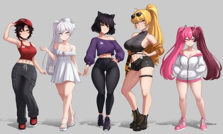5girls amputee baggy_pants bare_shoulders big_breasts black_hair blake_belladonna blonde_hair boots breasts cap cat_ears cat_girl catgirl chin_length_hair cslucaris dress faunus female female_only hair_ornament hand_on_hip hat heels heroine human jacket large_breasts light-skinned_female light_skin long_hair midriff navel necklace neo_(rwby) non-human pale-skinned_female pale_skin pink_eyes pink_hair ponytail prosthetic prosthetic_arm purple_eyes purse red_cap rich_female ruby_rose rwby sandals short_hair shorts sideboob silver_eyes sneakers sunglasses sunglasses_on_head teenage_female teenager thick_thighs thigh_strap twintails two-tone_hair villainess weiss_schnee white_dress white_hair white_jacket wide_hips yang_xiao_long yellow_eyes yoga_pants