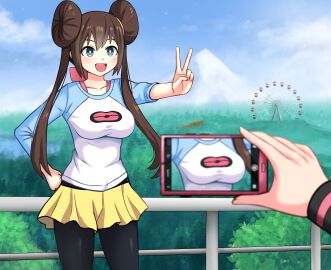 2girls black_legwear blue_eyes breast_focus breasts brown_hair cellphone collarbone creatures_(company) day double_bun female ferris_wheel game_freak hair_between_eyes hair_bun highres hilda_(pokemon) human implied_yuri jpeg landscape large_breasts long_hair meme meme_template multiple_females multiple_girls nintendo no_headwear open_mouth outstretched_arm pantyhose pervert_female phone pokemon pokemon_bw pokemon_bw2 raglan_sleeves ribbon rosa_(pokemon) shirt shorts sidelocks smile standing taking_picture the_only_shoe v yellow_shorts