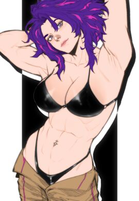 1girls abs arms_above_head arms_behind_head arms_up athletic athletic_female az_ciam based_on_a_real_person belly_piercing black_and_white black_underwear blush blush_lines boku_no_hero_academia bra breasts clavicle color_edit edit female female_focus female_only fit fit_female greyscale jeans kaina_tsutsumi lady_nagant large_breasts lipstick long_hair looking_at_viewer muscular muscular_female my_hero_academia panties panties_showing pants_open pants_undone pierced_belly_button piercing pink_highlights purple-haired_female purple_hair scantily_clad simple_background simple_shading slight_smile solo solo_female solo_focus unzipped_pants