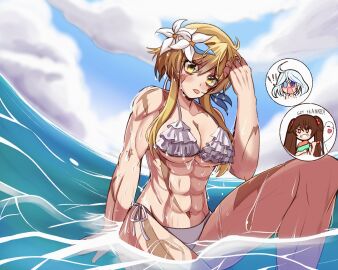 ! 3girls abs annoyed beach big_muscles bikini blonde_hair breasts brown_hair chibi cloud cloudy_sky female female_only flower flower_on_head frills furina_(genshin_impact) genshin_impact ghost grin heterochromia hu_tao_(genshin_impact) large_breasts lumine_(genshin_impact) male multiple_females multiple_girls muscles muscular muscular_arms muscular_female muscular_legs muscular_male scar scar_on_face sky smile solo_focus super_soaker swimsuit tongue tongue_out twintails water wet white_hair yellow_eyes yukiart_83