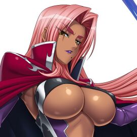 angry angry_face arm_warmers big_breasts big_eyebrows breasts cape cloak color dark-skinned_female dark_skin female female_focus female_only forehead game_cg high_collar ingrid_(taimanin_asagi) kagami_hirotaka long_hair looking_at_viewer mantle mole mole_under_mouth pink_hair red_cape shiny_skin skimpy skimpy_clothes taimanin_(series) taimanin_rpgx thick_eyebrows tight_clothing underboob upper_body violet_lipstick white_background yellow_eyes
