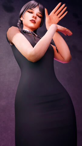 1girls 3arrows 3d actress black_hair blender braids brown_hair celebrity closed_eyes dress female goth goth_girl jenna_ortega lipstick nail_polish posing simple_background solo solo_female solo_focus the_addams_family twin_braids wednesday_(netflix) wednesday_addams