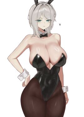 1girls blue_eyes blush breasts bunny_ears bunny_ears_headband bunnysuit busty cleavage curvy curvy_figure eyebrows_visible_through_hair fake_animal_ears faust_(limbus_company) female female_only heart huge_breasts jacket leotard light-skinned_female light_skin limbus_company looking_at_viewer navel_visible_through_clothes off_shoulder pantyhose pmlbtmlorlc project_moon solo thick_thighs white_hair