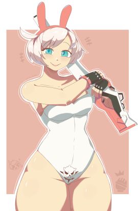 ass big_breasts black_gloves blue_eyes blush bracelet breasts bunny_ears bunny_girl bunnysuit elphelt_valentine fake_rabbit_ears female gloves green_eyes guilty_gear guilty_gear_strive gun rifle smiling smiling_at_viewer sr.aguacate thick_ass thick_thighs thigh_highs thighs white_hair white_skin wide_hips