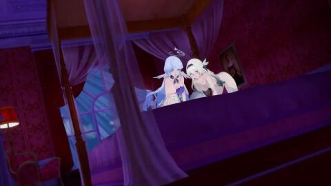 1boy 2girls 3d bed bedroom_eyes blue_eyes blue_hair bouncing_breasts breasts caelus_(honkai:_star_rail) cowgirl_position cuckquean dress female firefly_(honkai:_star_rail) green_eyes grey_fur halo head_wings heyguys honkai:_star_rail honkai_(series) koikatsu large_breasts light-skinned_female light-skinned_male light_skin long_hair male nipples nude penis pussy robin_(honkai:_star_rail) short_hair tagme vaginal_penetration video watching watching_sex