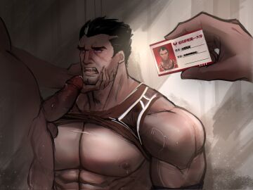 bara basketball_uniform big_pecs bite_mark black_hair darius_(league_of_legends) dunkmaster_darius dunkmaster_series erect_penis erection gay id_card league_of_legends male male_focus male_only muscular muscular_male open_mouth ordinary_1 pecs penis penis_on_face precum shirt_lift teeth the_grind_series veiny_penis yaoi