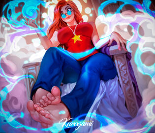 1girls blue_eyes commission commission_open fanart feet feet_focus female female_only glasses kurogami red_hair self_upload sitting solo solo_female speedpainting