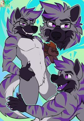 black_nose colorful fully_naked gay gay_male glasses glasses_removed happy holding_object homosexual homosexual_male kabscorner mouth_open no_clothes no_penis plushie purple_body purple_eyes purple_fur purple_stripes solo_male teeth tongue white_teeth yeen