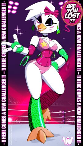 breasts chica_(fnaf) female female_wrestler five_nights_at_freddy's five_nights_at_freddy's:_security_breach fnaf glamrock_chica_(fnaf) great_dude solo thick_thighs wrestling wrestling_outfit wrestling_ring