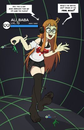 belt belts black_leggings black_top dialogue feet female femdom foot_fetish giant_female giantess glasses headphones leggings life_bar long_hair macro micro nasiri_(artist) orange_hair persona persona_5 red_hair round_glasses sakura_futaba shorts stockings t-shirt trampling video_games virtual_reality