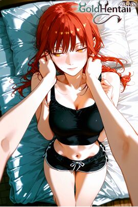1boy 1girls ai_generated bed bedroom before_sex blush blushing_at_viewer boy_on_top camera_view chainsaw_man crop_top dolphin_shorts fit fit_female laying_down laying_on_back laying_on_bed looking_away makima_(chainsaw_man) pov red_hair shorts shy shy_smile viewed_from_above yellow_eyes