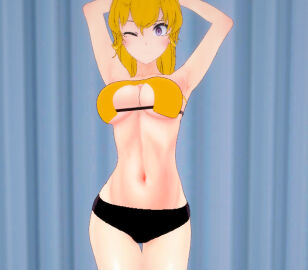 1girls 3d armpits arms_behind_head big_breasts bikini blonde_female blonde_hair breasts busty cleavage female female_only hands_behind_head legs looking_at_viewer navel ponytail pose posing purple_eyes rwby sexy_armpits short_shorts smile solo thighs toned wink winking yang_xiao_long