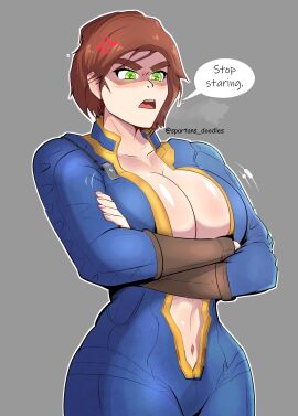 angry_face arms_crossed arms_crossed_under_breasts arms_under_breasts belly_button breasts cait_(fallout) clothed clothing curvy curvy_figure duplicate exposed_belly fallout female human large_breasts no_bra open_clothes open_jumpsuit open_zipper pale_skin red_hair redhead spartandoodles vault_suit zipper zipper_down