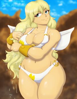 2025 altjon angel angel_wings ass big_breasts bikini blonde_female blonde_hair bra breasts fat_ass female gold_cuffs gold_leaves green_eyes ijfirespeed long_hair looking_at_viewer panties proton_jon seductive_smile supericee thick_thighs wringing_hair