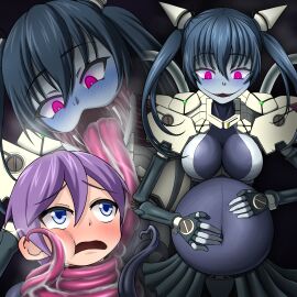belly_expansion big_belly big_breasts blue_hair breasts cat_girl catgirl cleavage cyborg female gint=ktouka glowing_eyes lamiaroid lamiaroid_(mon-musu_quest!) licking_face luka_(mon-musu_quest!) luka_(monster_girl_quest) mawshot mon-musu_quest! monster_girl monster_girl_quest open_mouth pale_skin purple_hair short_hair size_difference smug snake_tongue stomach_bulge tagme twintails vore vore_belly
