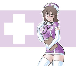 1girls black_eyes breasts brown_hair choker clipboard dress elbow_gloves female glasses gloves holding_clipboard looking_at_viewer medium_breasts nurse nurse_cap nurse_uniform original panties purple_dress purple_panties shio-bari shiori_(shio-bari) short_dress short_hair stethoscope thighhighs