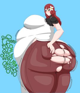 1girls ass bbw big_breasts blue_background blush bonnestar12 breasts clothing devola english_text fat female female_only huge_belly huge_breasts hyper hyper_ass hyper_belly light-skinned_female light_skin nier nier:_automata nier_replicant obese overweight red_hair ripped_clothing solo text thick_thighs torn_clothes vore vore_belly weight_gain