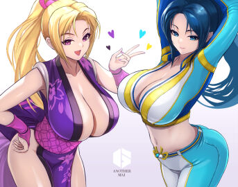 2girls blonde_hair breasts cleavage ema_(emaura) fatal_fury fatal_fury:_city_of_the_wolves female floral_print high_ponytail large_breasts looking_at_viewer mai_shiranui official_alternate_color ponytail purple_eyes revealing_clothes snk street_fighter street_fighter_6