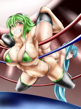 2girls bikini catfight female hatsune_miku indoors megpoid_gumi original sirat string_bikini sweat vocaloid wrestling wrestling_ring wrestlingryona