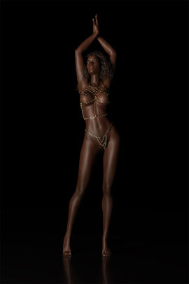 1girls 3d 3d_model 3d_render ainette_(oh3d) areolae barefoot barely_clothed big_breasts black_background blue_eyes body_chains breasts brown_hair character_name curly_hair dark-skinned_female dark_skin female fit fit_female gold_(metal) gold_jewelry highres hourglass_figure long_hair nipples oh3d posing posing_for_the_viewer seductive simple_background slave_outfit slushe_(website)