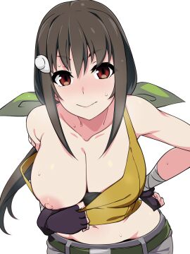 aged_up bandaid bandaid_on_arm bare_shoulders belt black_gloves blush breasts breasts_out brown_eyes cleavage clothes_pull collarbone female female_focus fingerless_gloves gloves green_ribbons hachikuji_mayoi hair_ribbon kabukimonogatari kuro_mushi large_breasts leaning_forward looking_at_viewer low_ponytail midriff monogatari_(series) nipples one_breast_out ponytail ribbon shirt_pull simple_background smile solo tank_top thick_eyebrows upper_body white_background