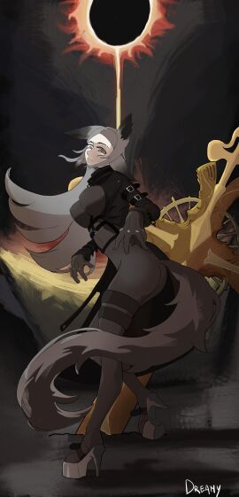 1girls animal_ears artist_name ass black_gloves bodysuit boots breasts dark_skin dya_rikku_(vtuber) face_markings female fingerless_gloves fox_ears full_body glasses gloves high_heels large_breasts long_hair looking_at_viewer signature skin_tight solo standing tail thigh_strap very_long_hair virtual_youtuber vyugen weapon white_hair