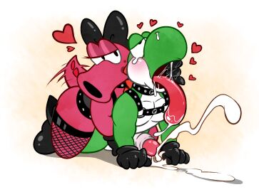 ambiguous_gender anthro bedroom_eyes big_penis birdo blush bodily_fluids bondage bound bow_ribbon clothing collar cum cumshot dinosaur dominant dominant_female duo ejaculation female finger_in_mouth fishnet_clothing fishnet_legwear footwear from_behind_position genital_fluids genitals gloves hands-free handwear harness heart_symbol hexdisciple hi_res high_heels huge_cock legwear looking_pleasured male mario_(series) muscular muscular_male narrowed_eyes nintendo open_mouth orgasm orgasm_face penis prehistoric_species reptile saliva saliva_on_tongue saliva_string scalie seductive sex shoes submissive submissive_male tail tail_motion tail_wagging tailwag tears tears_of_pleasure thick_thighs tongue tongue_out yoshi