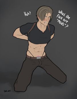 arms_behind_back blush blushing buldge crop_top cursing ijwt_art leon_scott_kennedy male male_only on_knees plain_background resident_evil tattoo text