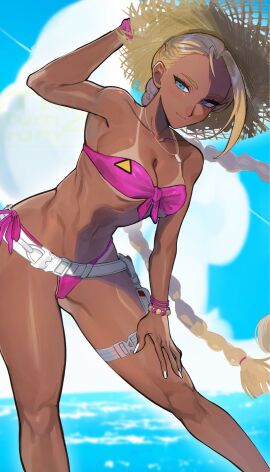1girls artist_logo bangle bead_bracelet beads belt bikini bikini_tan blonde_hair blue_eyes bracelet braid breasts cammy_white cleavage closed_mouth cloud commentary dark-skinned_female dark_skin day feet_out_of_frame female front-tie_bikini_top front-tie_top hand_on_own_thigh hat highleg highleg_bikini highres jewelry large_breasts leaning_forward light_blush light_smile logo looking_at_viewer multiple_bracelets nail_polish navel necklace ocean official_alternate_costume outdoors pink_bikini pouch side-tie_bikini_bottom solo standing strapless strapless_bikini straw_hat street_fighter street_fighter_6 sun_hat swimsuit symbol-only_commentary tan tanline thigh_belt thigh_strap trnnmnm4 very_long_fingernails watermark white_belt white_nails